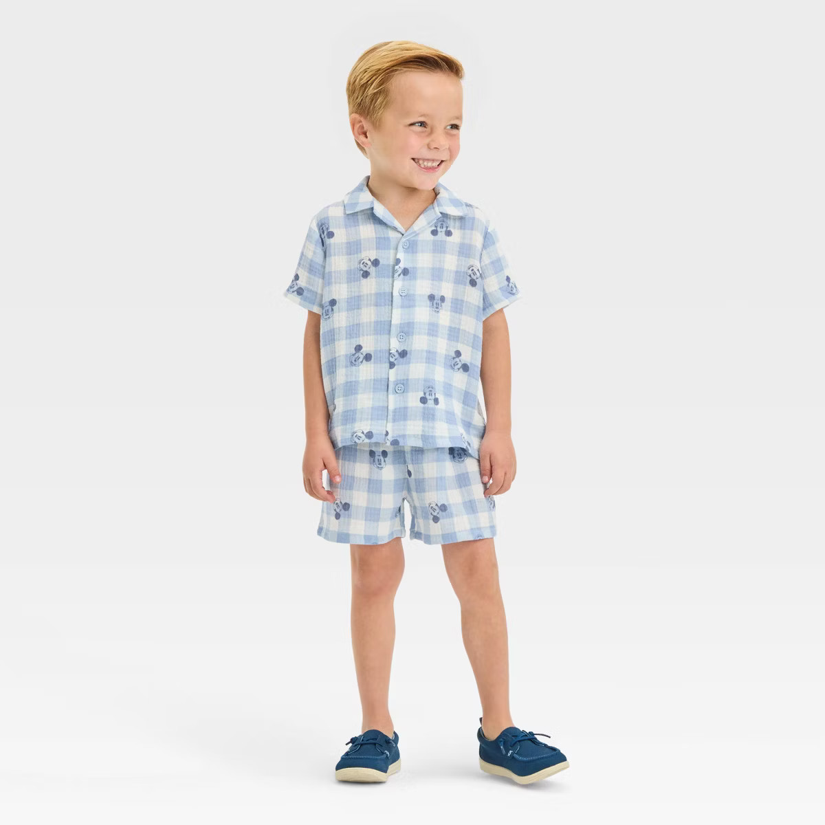 Toddler Boys' Disney Mickey Mouse Gingham Woven Top and Shorts Set - Blue | Target