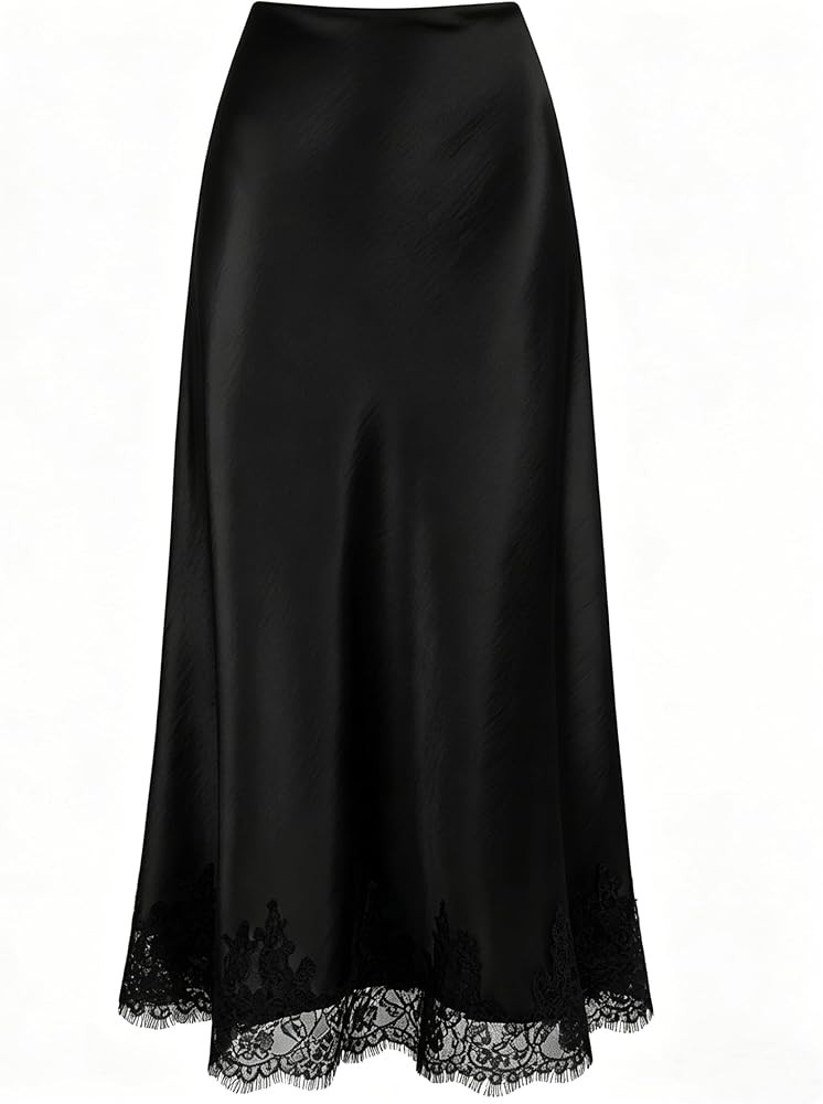 VividMosaic Lace Trim Satin Midi Skirt High Waisted Long Skirt for Women | Amazon (US)