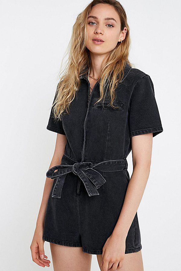 UO Denim Utility Romper - Black Xs at Urban Outfitters | Urban Outfitters (US and RoW)