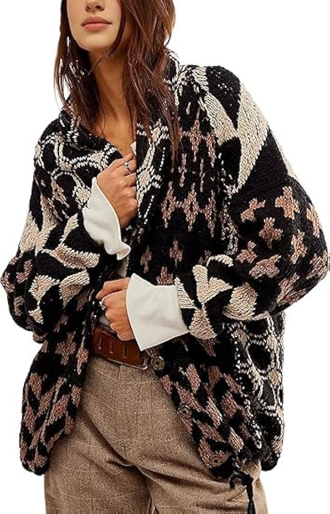 Women Fall Sweater Cardigans Fashion Graphic Printed Button Down Shawl Collar Oversized Sweater Y... | Amazon (US)