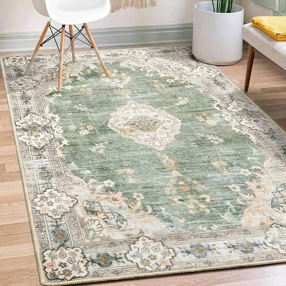 MUJOO Boho Rug 3'x5' Area Rug Small Green Rug Vintage Machine Washable Rugs for Entryway Bedroom ... | Amazon (US)