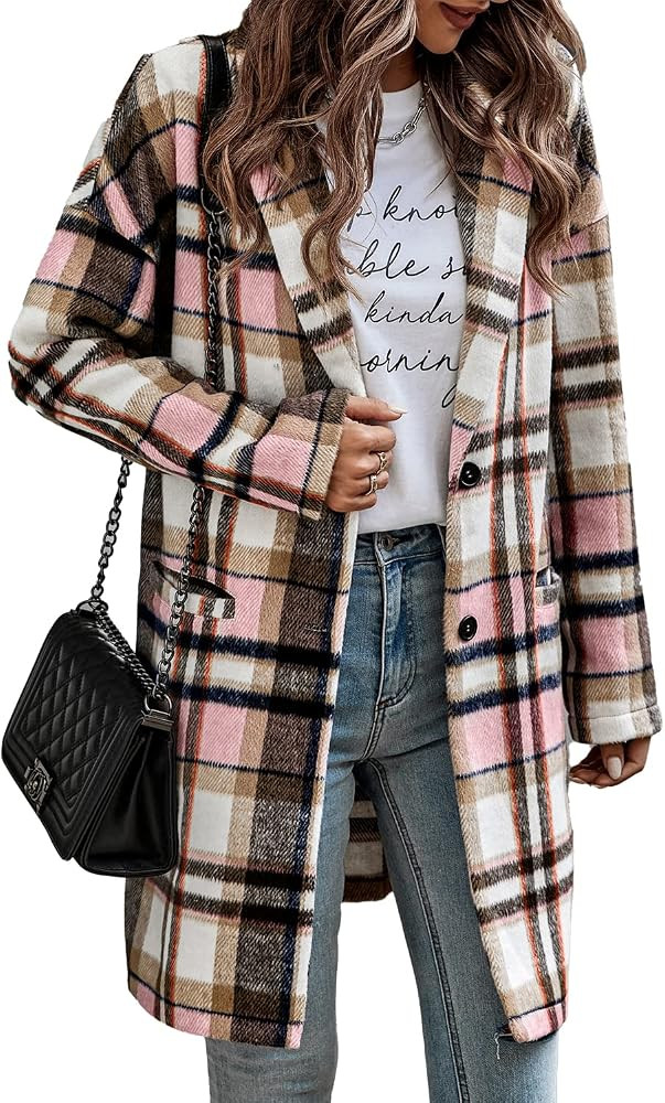 PRETTYGARDEN Women's 2022 Plaid Shacket Jacket Casual Button Wool Blend Winter Tartan Trench Coat... | Amazon (US)