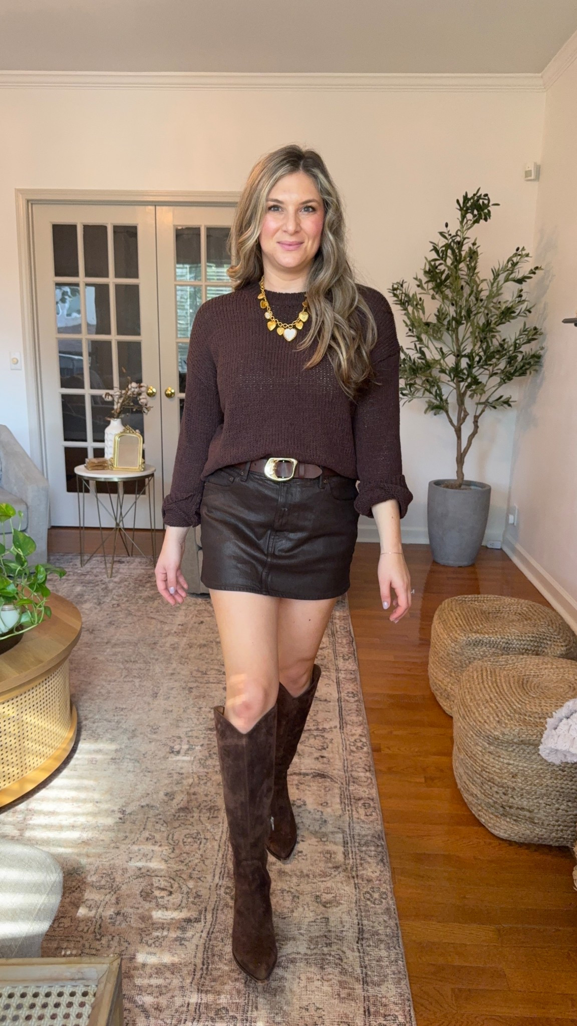 All chocolate brown monochrome outfit 
Abercrombie fall outfit 
Fall brown suede boots tall dolce vita
Target belt brown leather 
Statement necklace gold locket 
Brown sweater cotton 

#LTKSaleAlert #LTKFallSale #LTKSeasonal