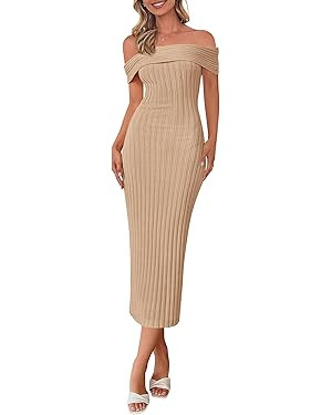 PRETTYGARDEN Summer Dresses for Women 2025 Formal Off The Shoulder Midi Bodycon Ribbed Knit Sprin... | Amazon (US)