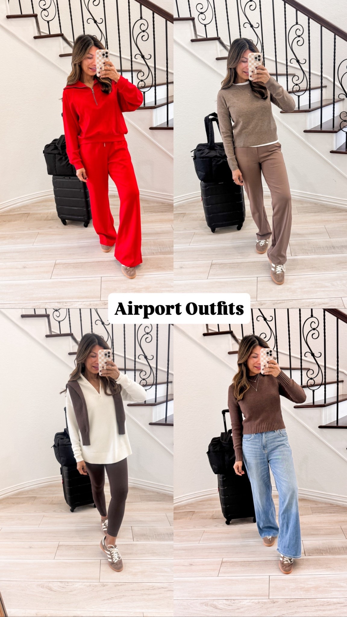 I’m 5’2” 118#ish for reference 
Red set in small tts
All sweaters in small tts(Coffee, Deep Coffee)
White tee in XS
cardigan in small(Apricot).
Jeans in my true size 2, short length.
Trousers fleece lined in Dark Brown in XS 31” length.
Shoes tts
Airport outfit, travel outfit, Amazon finds, fall outfits,fashion over 40, over 50 style, midlife fashion, petite fashion,midlife fashion, affordable fashion, fashion over40 

#LTKPetite #LTKOver40 #LTKTravel