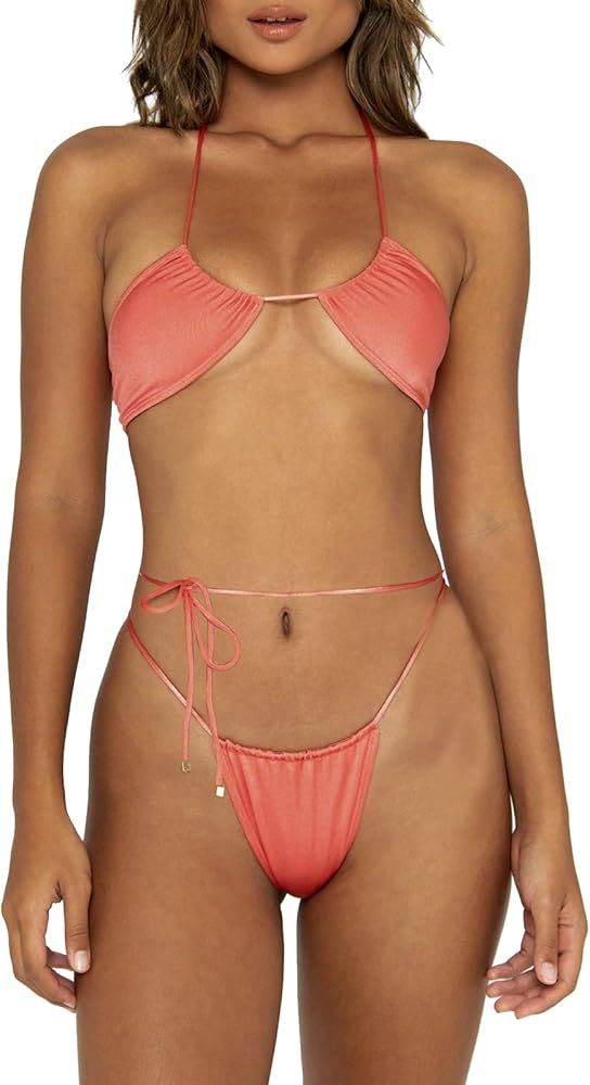 Women Cheeky Bikini Set Halter Thong Solid Color Adjustable Cinched String Two Piece Brazilian Sw... | Amazon (US)