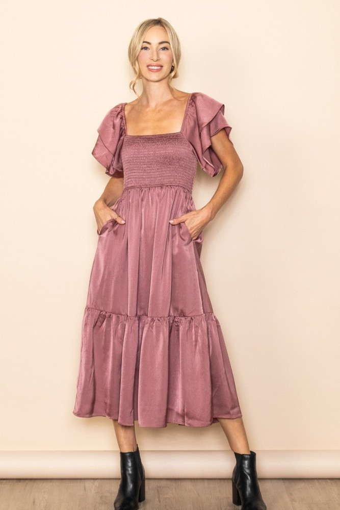 Mauve Satin Flutter Sleeve Midi Dress | PinkBlush Maternity