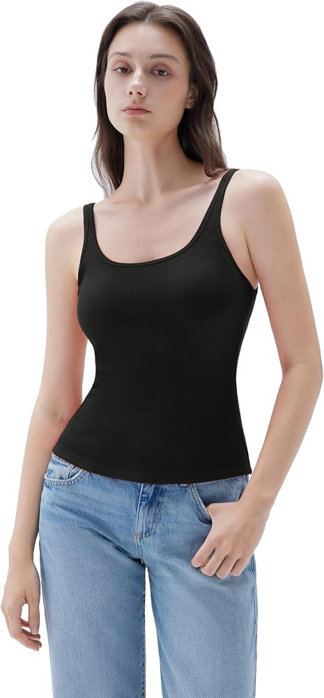 SUUKSESS Women Padded Cotton Ribbed Tank Tops Casual Summer Going Out Sleeveless Scoop Neck Basic... | Amazon (US)