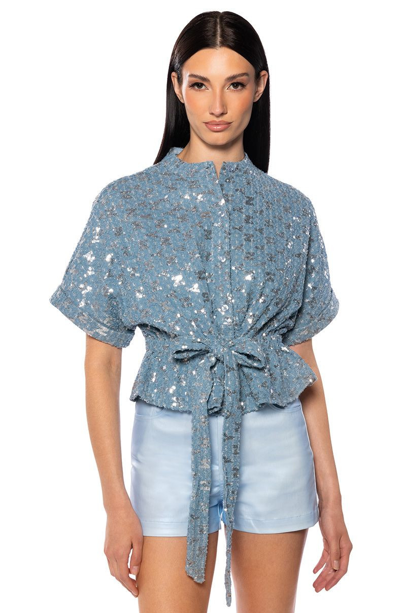 CHECKS NOT CHESS SEQUIN BELTED BLOUSE | AKIRA