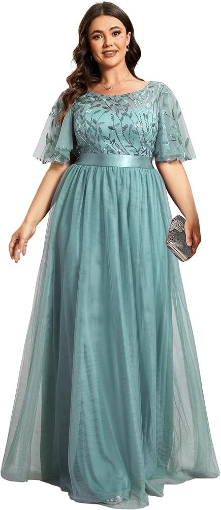 Ever-Pretty Women's Round Neck Short Sleeves Plus Size A-Line Tulle Sequin Formal Evening Dresses... | Amazon (US)