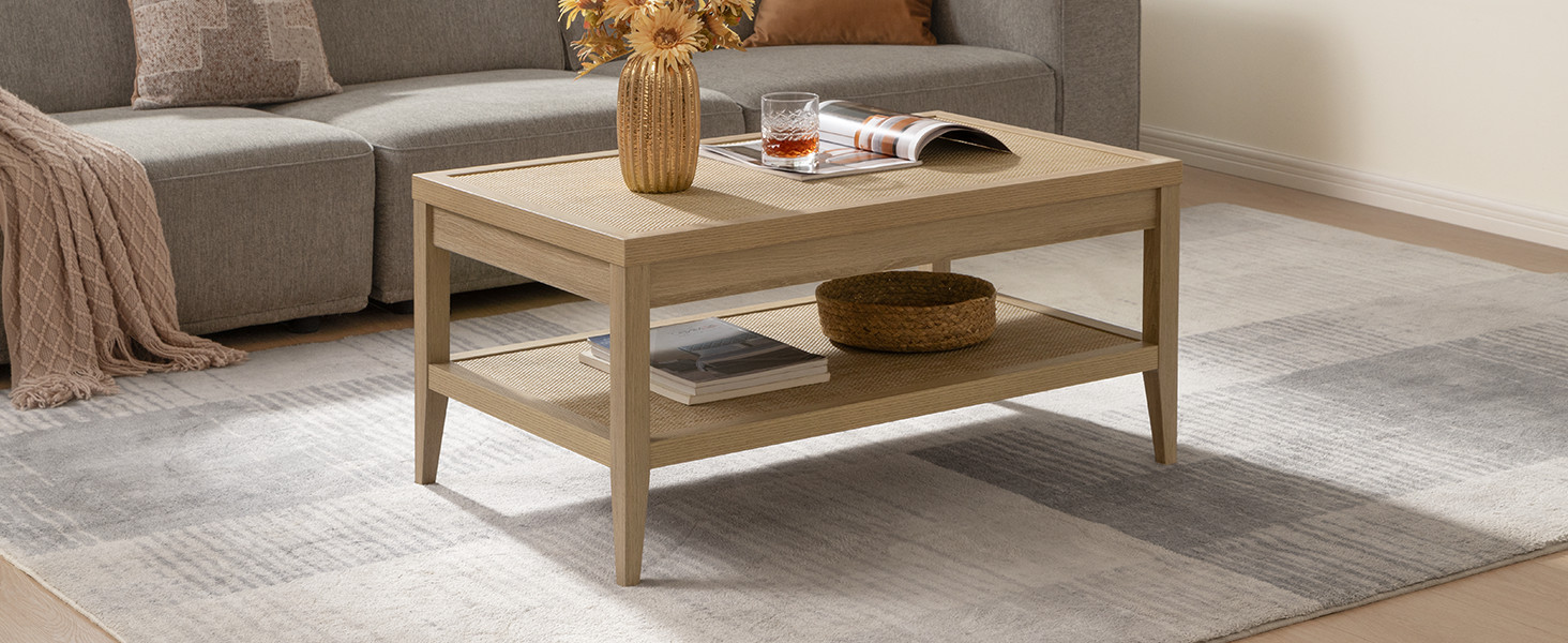 Amazon.com: SICOTAS Rattan Coffee Table for Living Room - Boho Rectangular Dining Center Table wi... | Amazon (US)