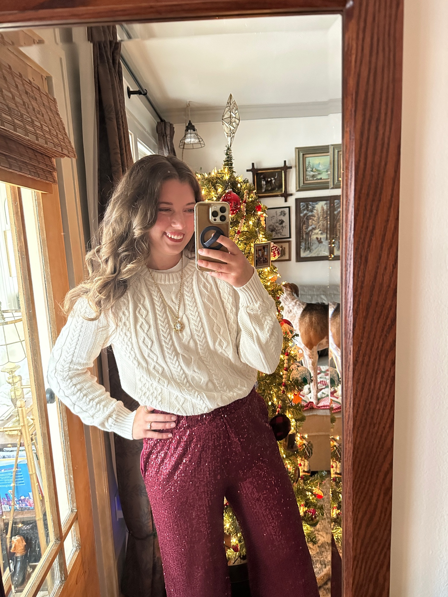 Sparkly red pants for all of your holiday gatherings this year! Also, they’re comfy enough that I’m probably gonna wear them to WFH.

Pants:
- Fits TTS. I’m wearing a Medium. 
- Elastic waistband helps with sizing.
- Long!! I’m 5’10” and they’re perfect for me — they kiss the floor. 
- NOT itchy

Sweater:
- I’m wearing a Tall Medium. Sleeves fit perfectly with the tall size. 
- 100% cotton