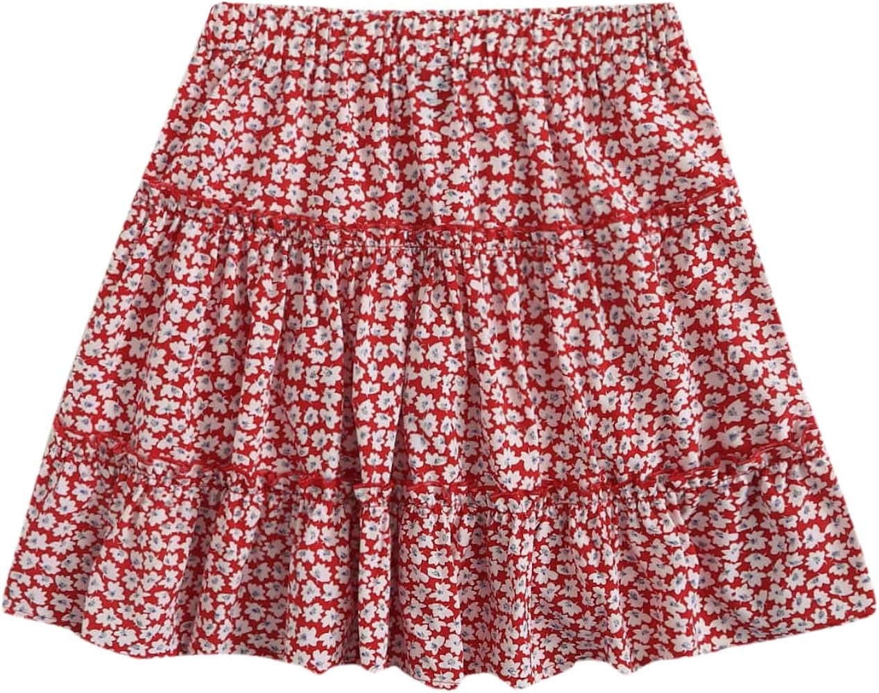 SheIn Women's Boho Floral Print Layered Frill Trim Ditsy Mini Short Flared Skirt | Amazon (US)