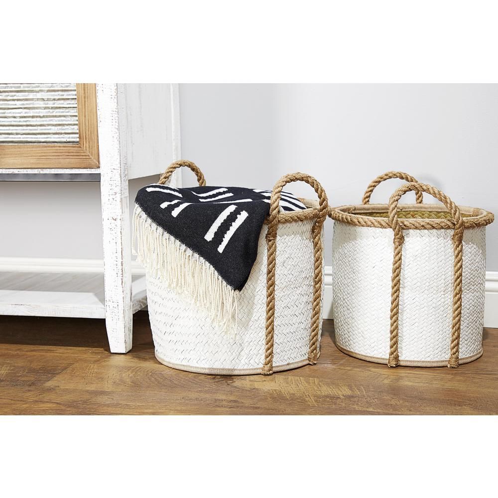 Litton Lane Round Palm Leaf and Rope Storage Wicker Baskets with Handles (Set of 3), White | The Home Depot