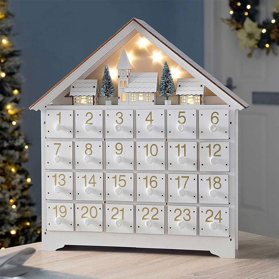 LED Christmas Advent Calendar with 24 Storage Drawers Wooden Advent Calendar Decorated with Chris... | Amazon (US)