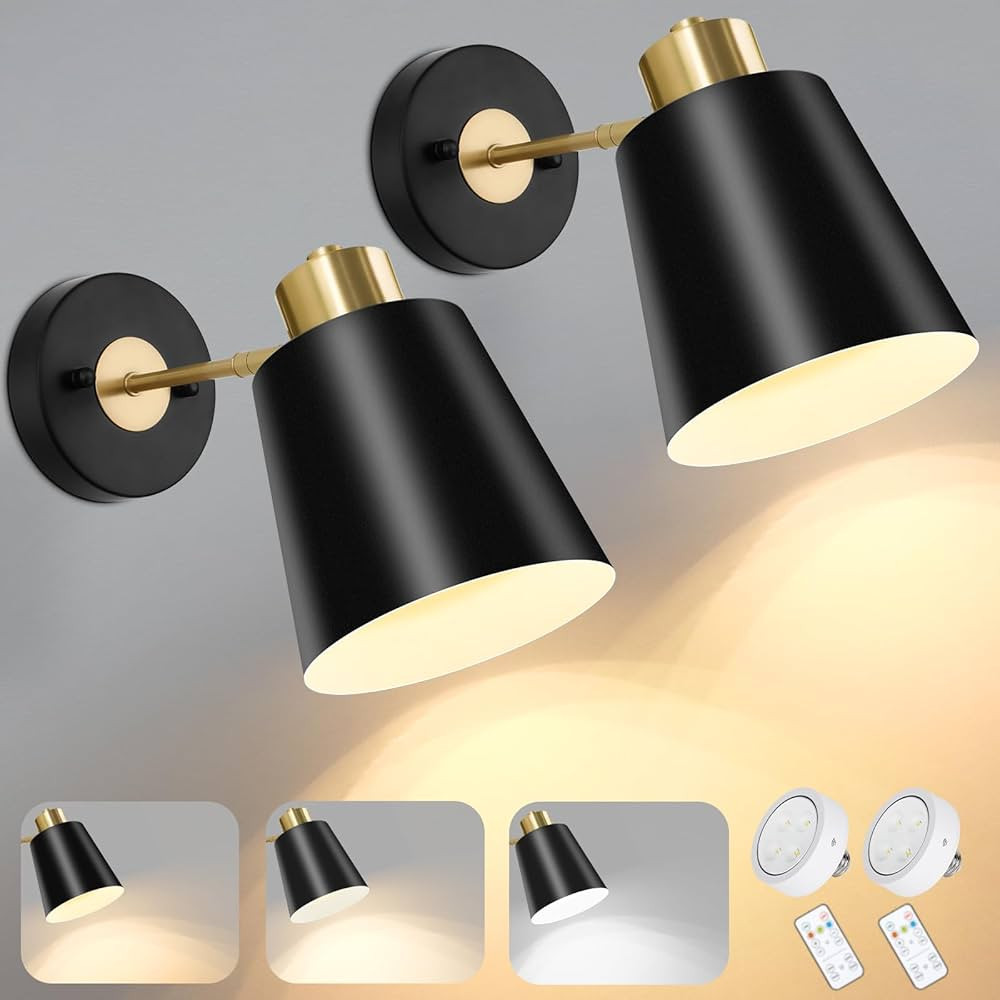 Battery Operated Wall Sconces Set of 2, Wireless Wall Lights Dimmable with Remote Control, Indoor... | Amazon (US)