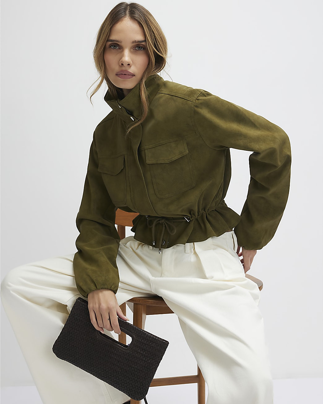 Khaki Funnel Neck Drawstring Jacket | River Island UK & IE
