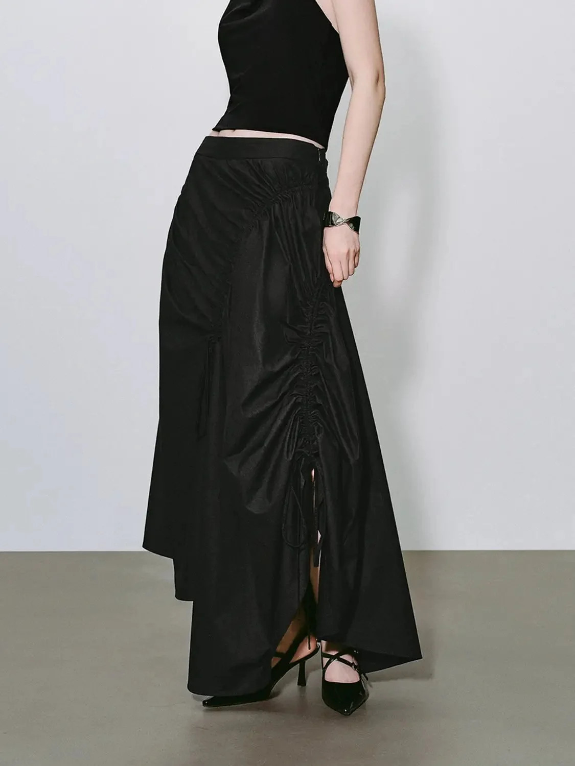High-Waisted Ruched Drawstring Slit Irregular Hem A-Line Cotton Skirt | Urban Revivo