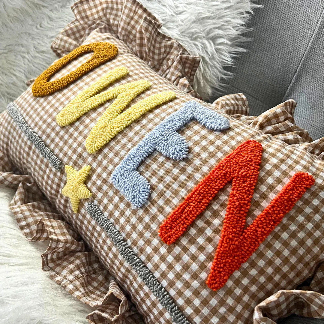 Custom Name Pillow for Boys, Brown Gingham Ruffle Pillow, Baby Name Gift, Nursery Decor, Personal... | Etsy (US)