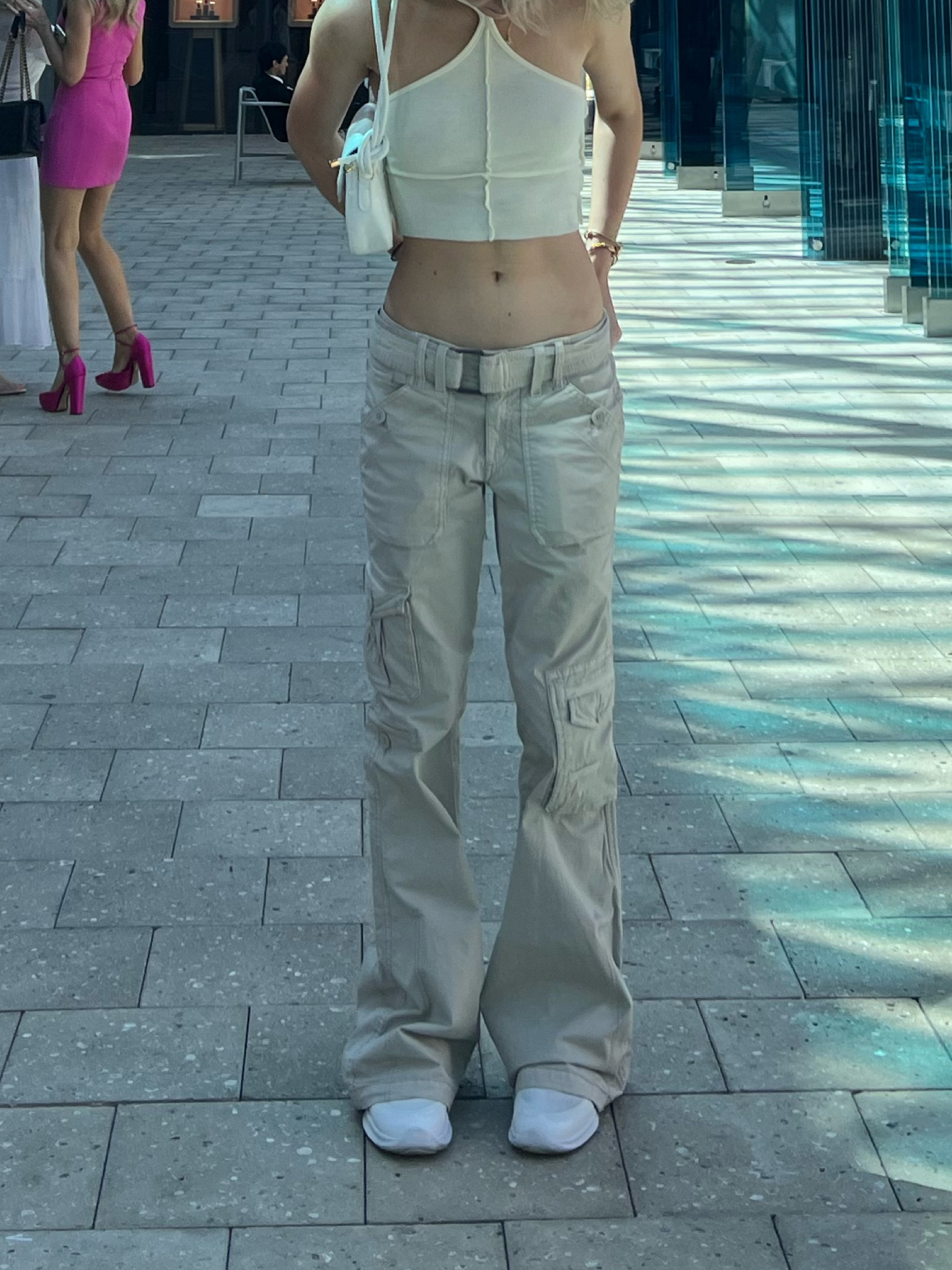 Pants Garage Beige Belted Cargos, Top Shein “Rib Knit Tie Back Halter Top” 