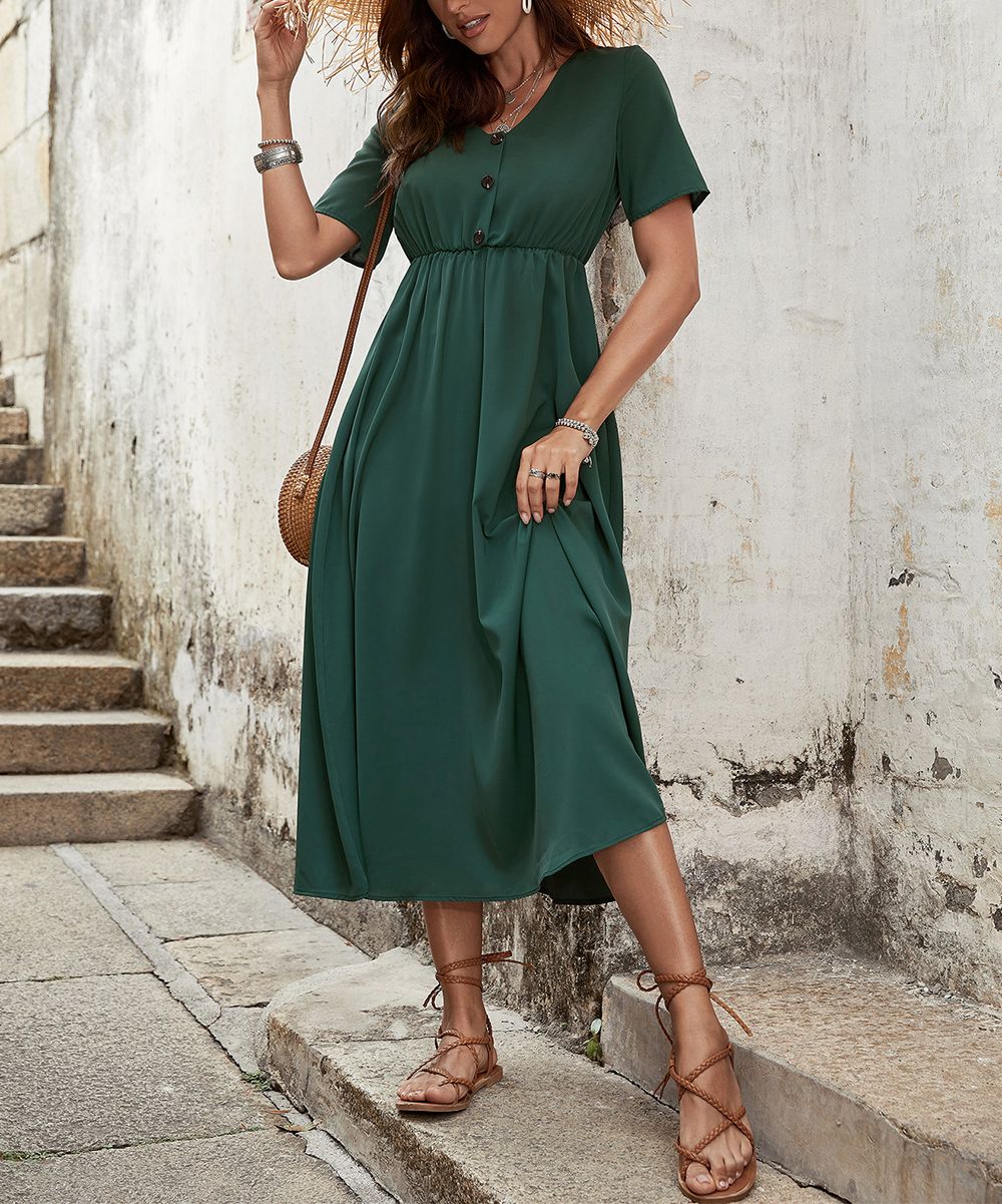Della Mel Women's Maxi Dresses Green - Green Button-Front Empire Waist Midi Dress - Women | Zulily
