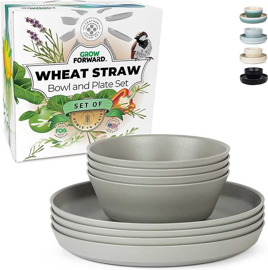Grow Forward Premium Wheat Straw Plates and Bowls Sets - 8 Unbreakable Microwave Safe Dishes - Re... | Amazon (US)
