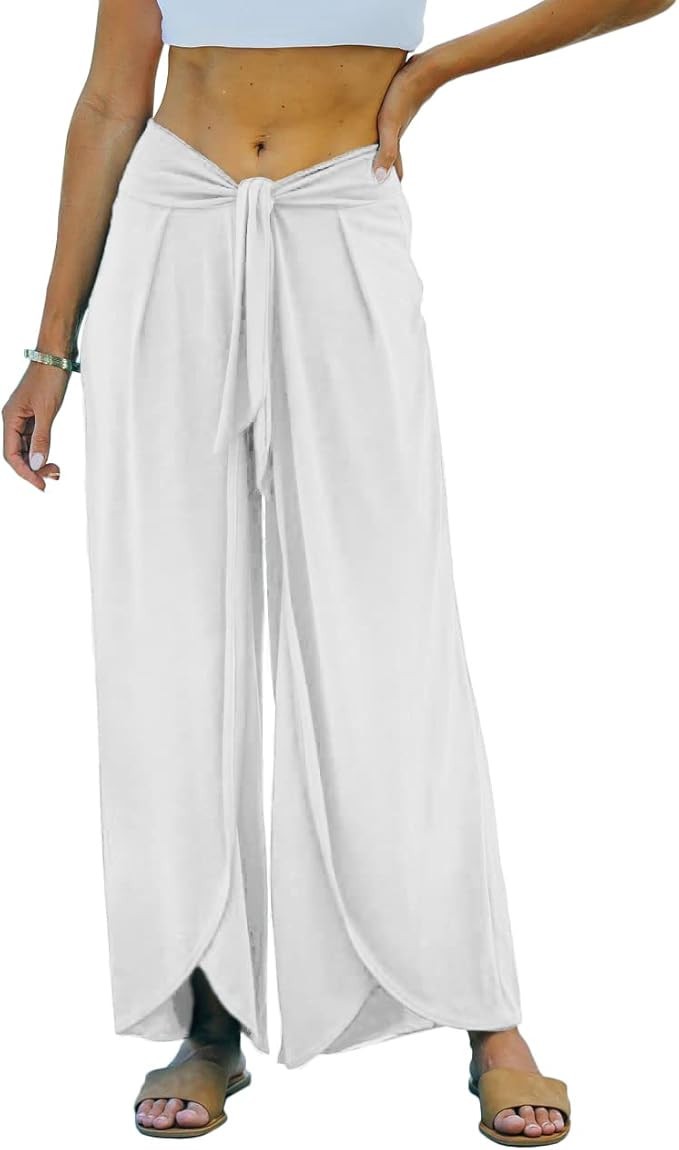Waitfairy Womens Wide Leg Pants Boho Split Flowy Palazzo Pants Beach Cover Up Pants | Amazon (US)