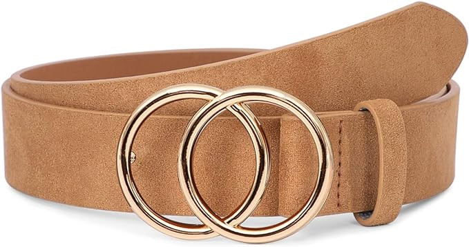 SUOSDEY Women Leather Belt Fashion Double O-Ring Soft Faux Leather Waist Belts For Jeans Dress | Amazon (US)