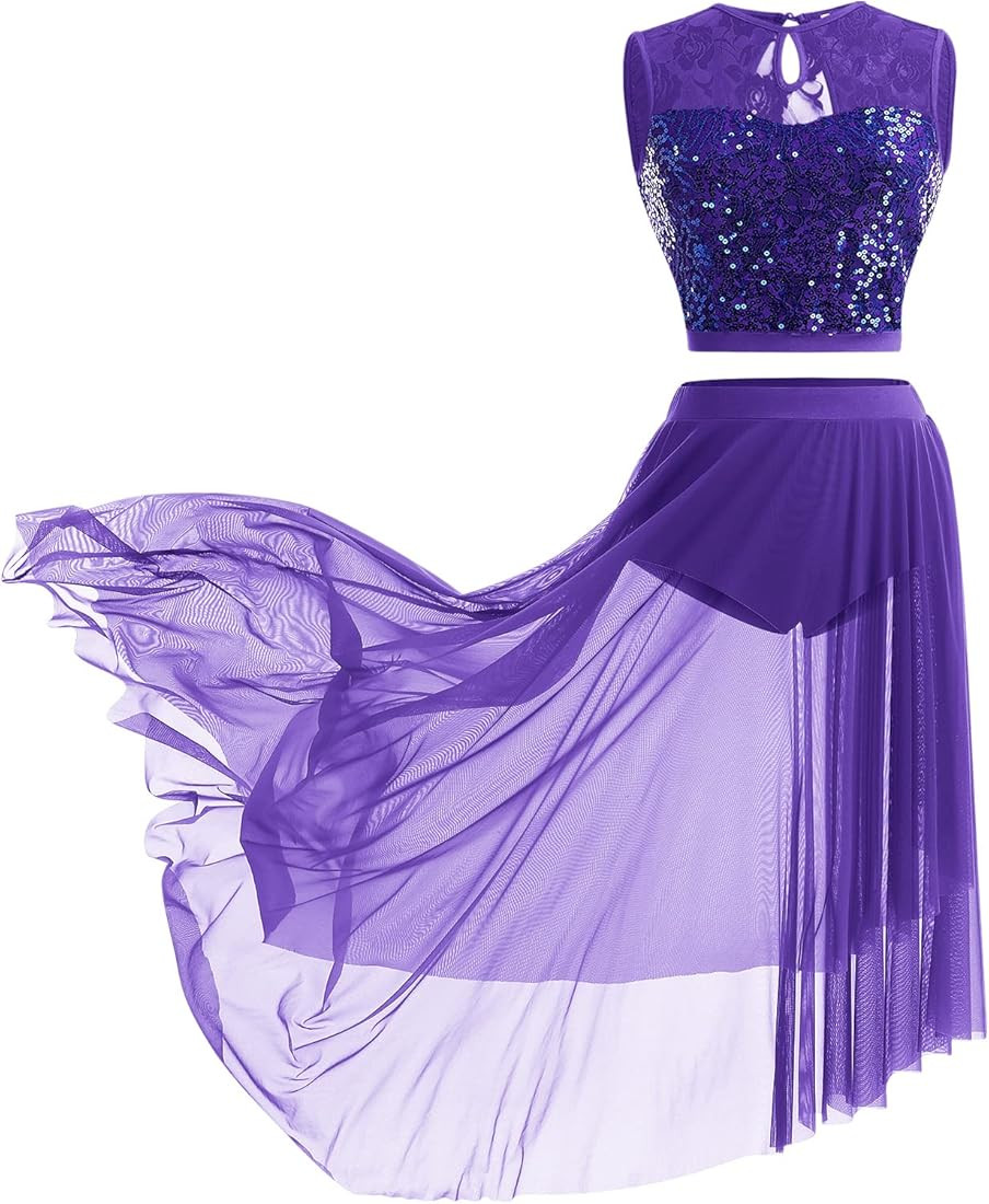 ODASDO Lyrical Dance Costume for Women Sequin Lace Floral Crop Top Asymmetrical Flowy Mesh Tulle ... | Amazon (US)