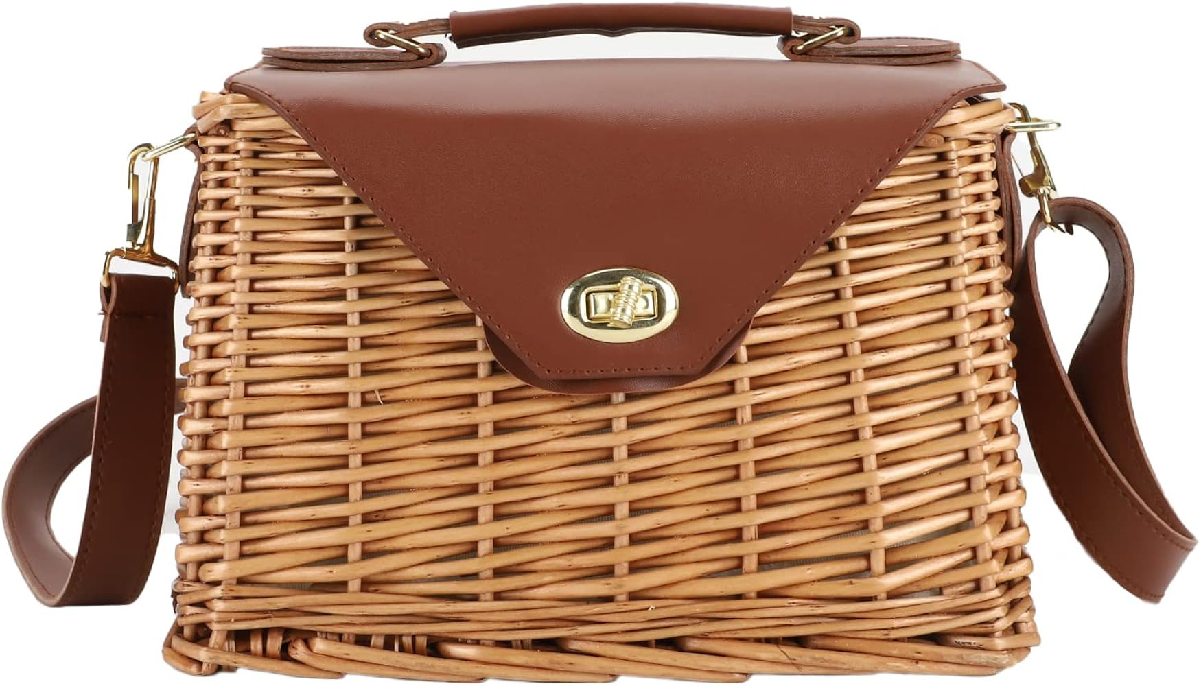 YAHUAN Wicker Handbag Straw Purse for Women, Hand Woven Rattan Bag with Leather Strap, Summer Bea... | Amazon (US)
