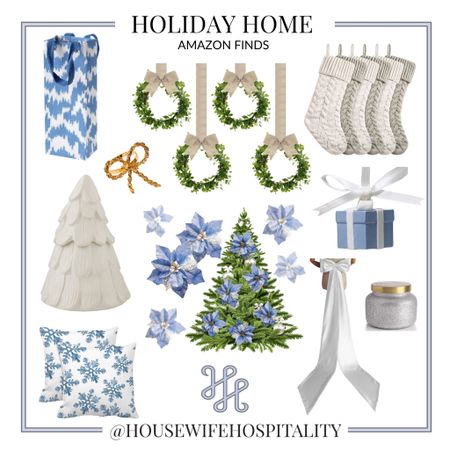 Blue & White Amazon Holiday Home Finds. Boxwoods, bows, cableknit stockings, Wedgwood ornament, blue poinsettias, snowflake pillows, Capri blue candle, cookie jar. Preppy, grandmillennial, girly decor  

#LTKunder50 #LTKhome #LTKHoliday