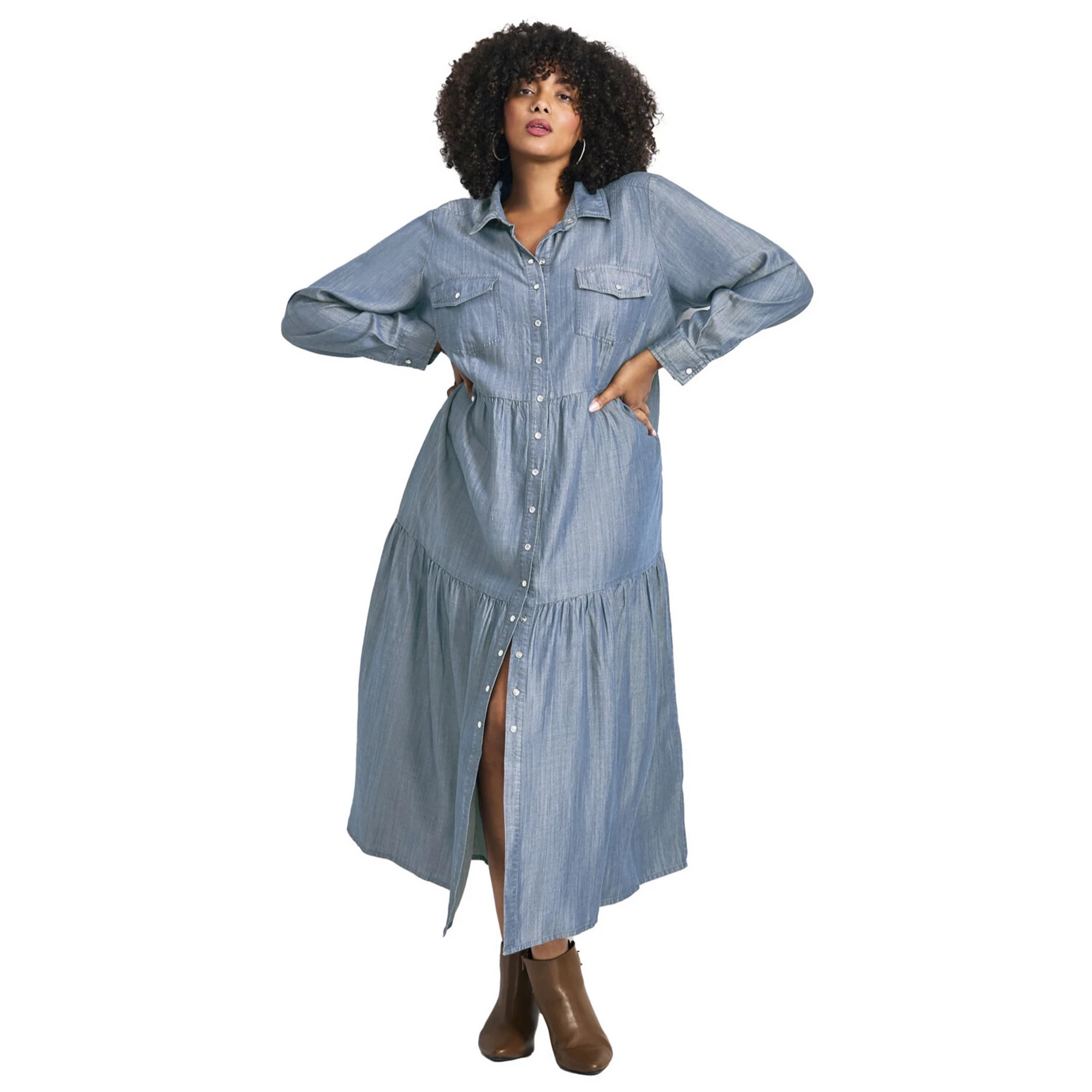 Avenue Women's Plus Size Denim Tiered Shirtdress | Kohl's