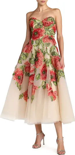 Mac Duggal Embroidered Mesh Strapless A Line Midi Dress | Nordstrom | Nordstrom