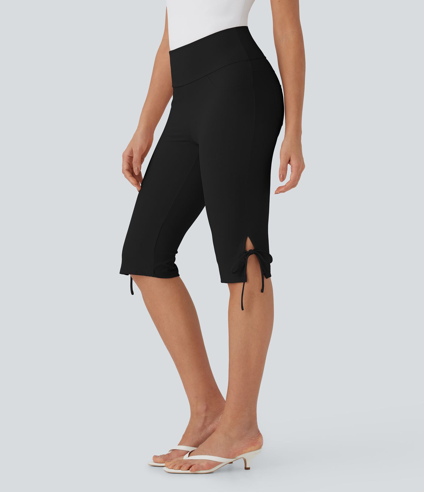 Mid Rise Lace Up Capri Casual Pants with Pockets | HALARA