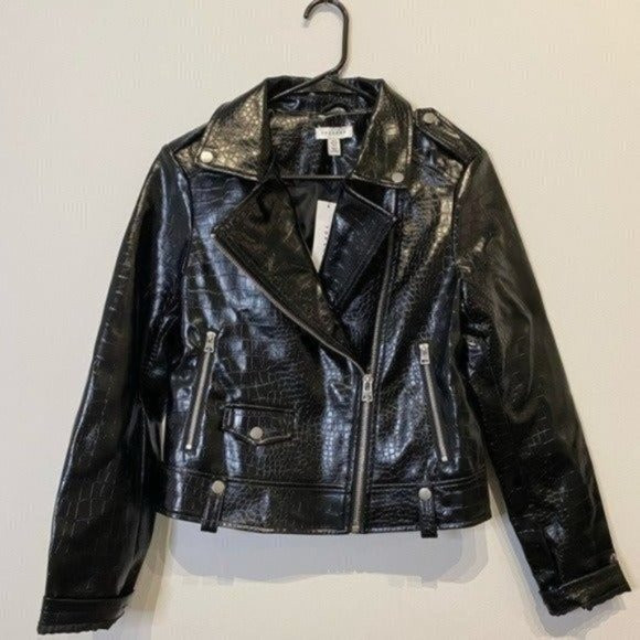 NEW TOPSHOP Black Crocodile Faux Leather Jacket Size 6 | Poshmark