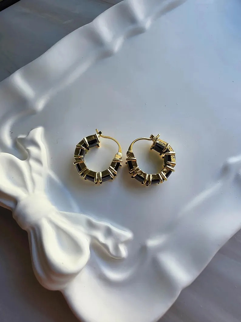Black Onyx Hoop Earrings: 14k Gold Plated - Elegant Statement Jewelry | Etsy (US)
