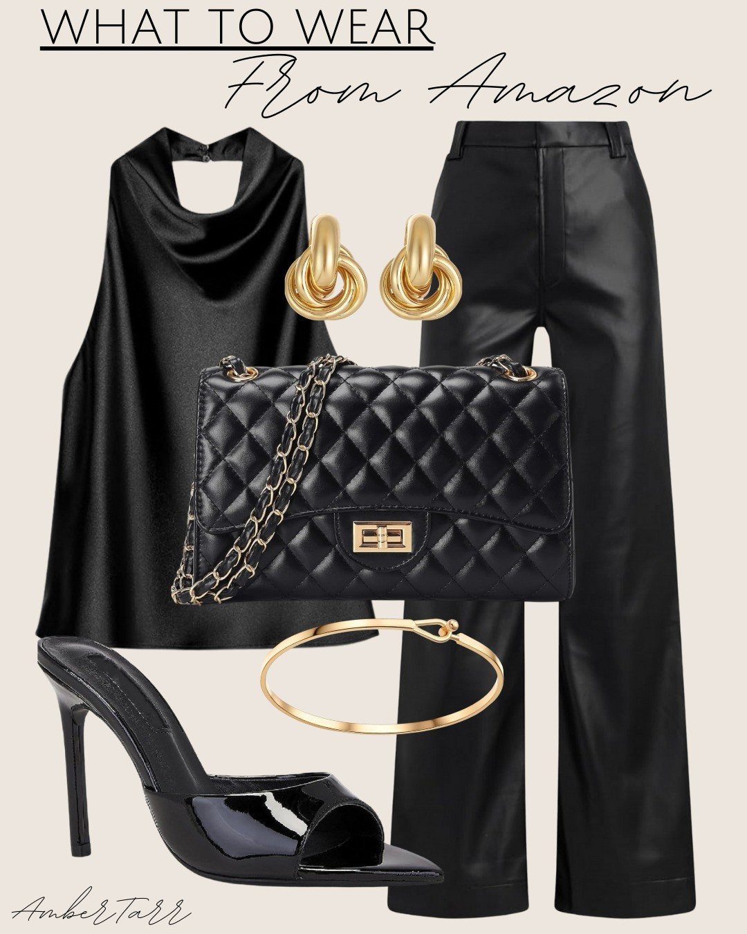 A sleek all-black look with luxe textures and gold accents. The satin cowl top paired with faux-leather trousers and classic black heels creates an elevated night-out outfit that feels modern and effortless.

#LTKOver40 #LTKFindsUnder50 #LTKFindsUnder100