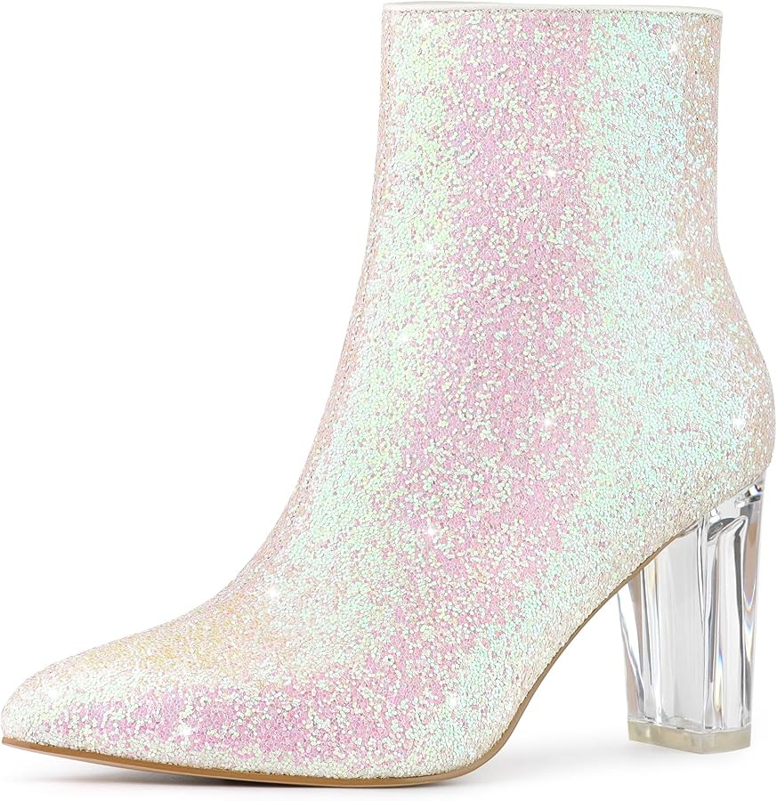 Allegra K Women's Clear Block Heel Glitter Ankle Boots | Amazon (US)