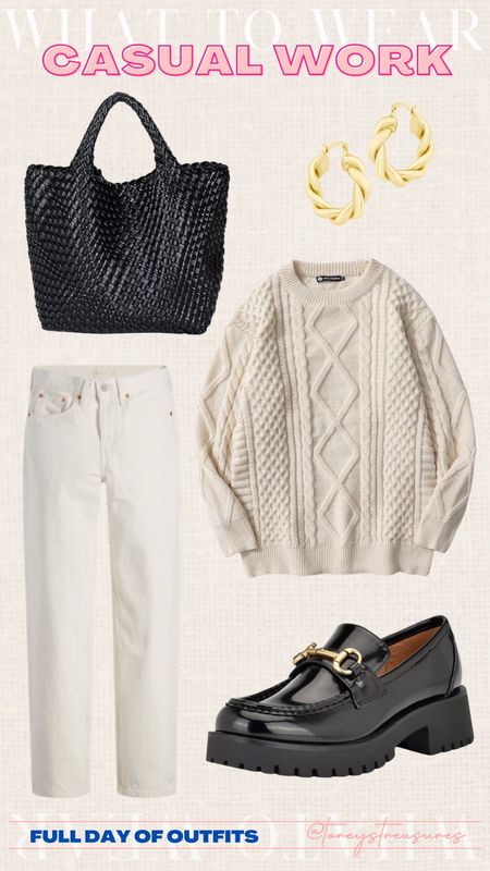 Cable knit sweater for fall; woven bag, Levi’s jeans, chunky loafers shoes for fall are trending! Jewelry use code: TOREY20 

#LTKstyletip #LTKSeasonal #LTKfindsunder100
