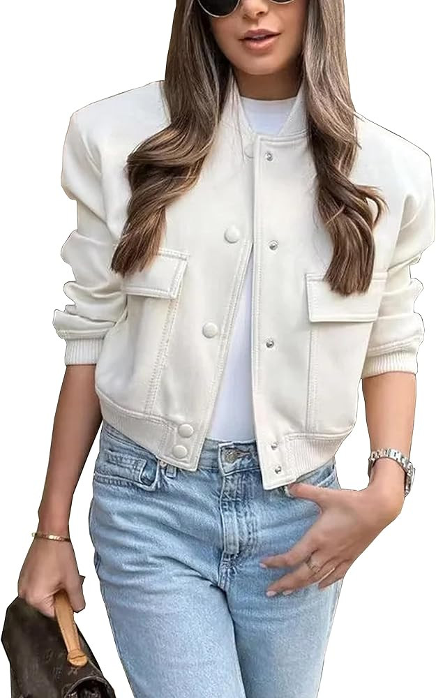 Lumister Women's Fashion Cropped Button Down Lightweight Cropped Bomber Jacket Varsity Shacket wi... | Amazon (US)