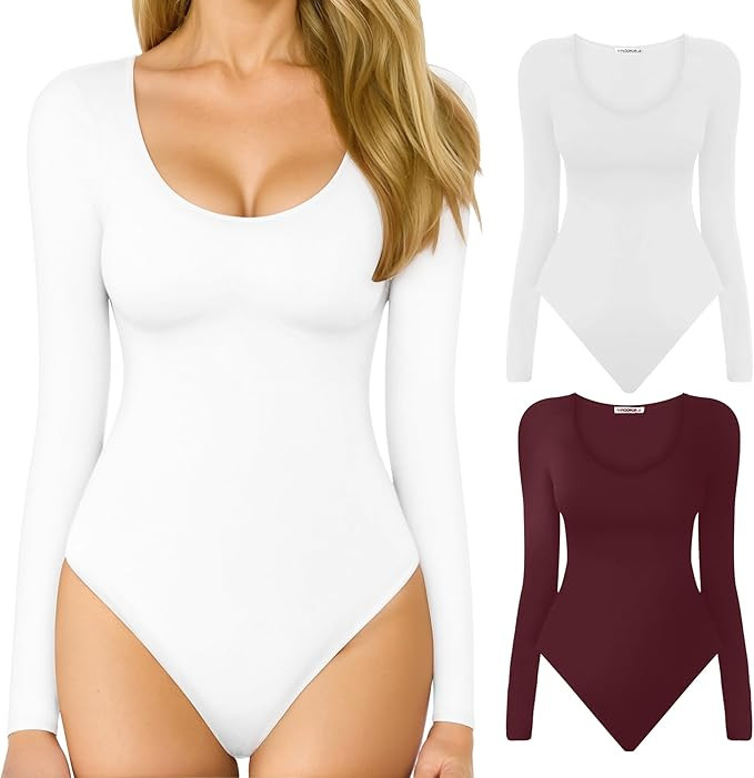 MANGOPOP 2 Pack Scoop Neck Long Sleeve Bodysuits for Women Ribbed Body Suit Stretchy Basic T Shir... | Amazon (US)