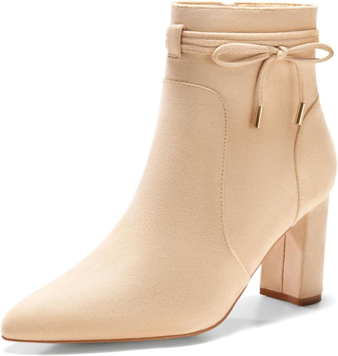 Coutgo Womens Pointed Toe Ankle Boots Chunky Block Heel Tie Knot Side Zipper Dressy Booties | Amazon (US)