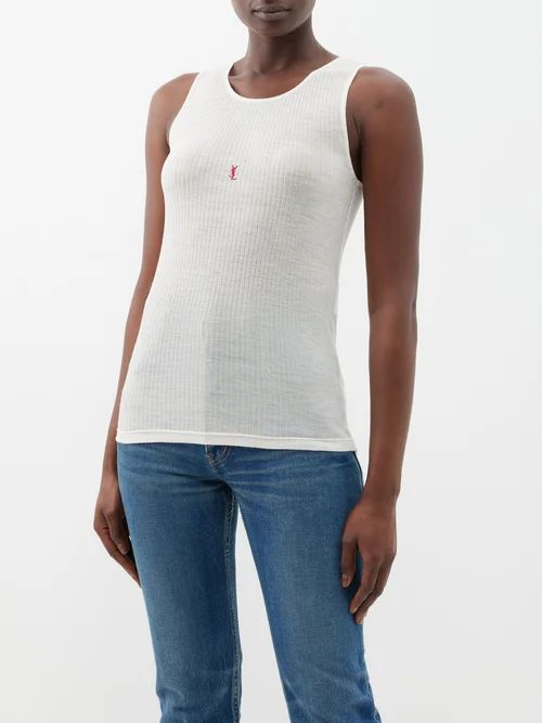 Saint Laurent - Ysl-embroidered Ribbed Wool-jersey Tank Top - Womens - Cream | Matches (US)