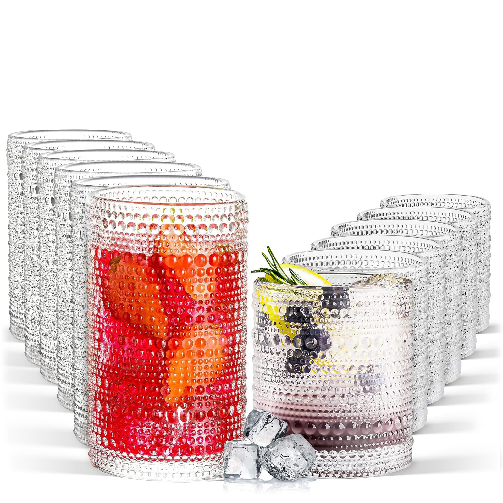 Hobnail Drinking Glasses Set of 12, 11.8 oz Vintage Glasses Drinking Set & 10 oz Cocktail Glasses... | Amazon (US)