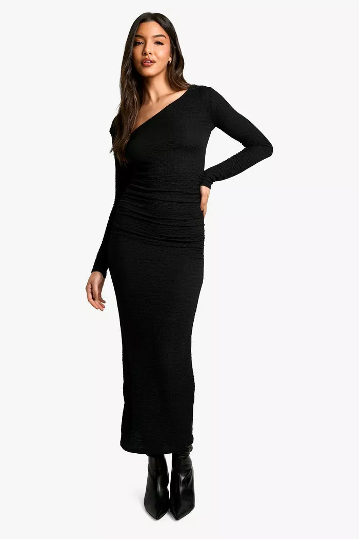 Textured Ruched Asymmetric Maxi Dress | boohoo (US & Canada)