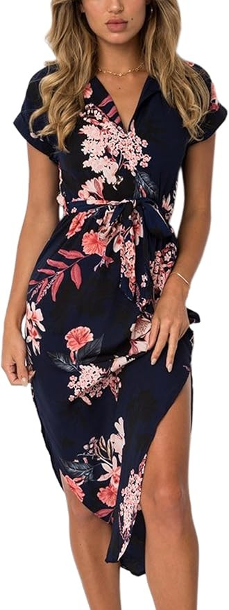 ECOWISH Womens Dresses Summer Casual V-Neck Floral Print Geometric Pattern Belted Summer Dresses ... | Amazon (US)