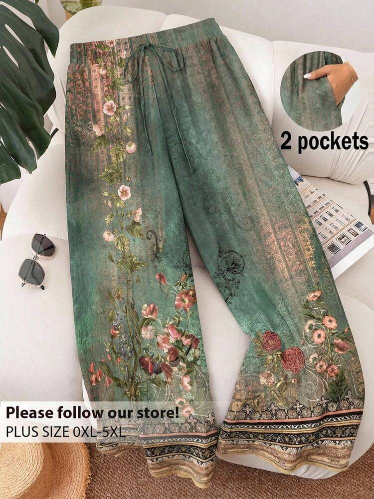 CosyJoli Plus-Size Women's New Spring/Summer Retro European Floral Pattern Solid Color Beach Shorts, Suitable For Occasions Such As Valentine's Day, Fashionable For Commuting, Striped Wide-Leg Pants With Pockets. Beach Vacation/College Student Vacation Style Cruise Women's Summer Loose Casual Pants, Plus-Size Women's Casual Pants. | SHEIN