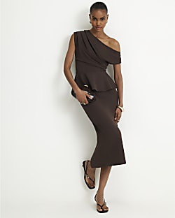 Brown Peplum Midi Dress | River Island UK & IE