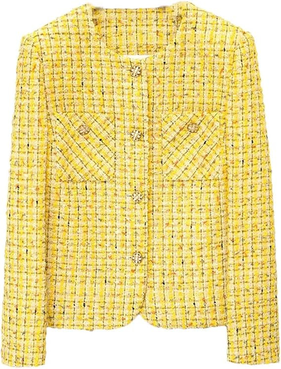 Women Yellow Luxury Woven Small Fragrance Jacket Casual Fashion Loose O-Neck Long Sleeve Sweet Fr... | Amazon (US)