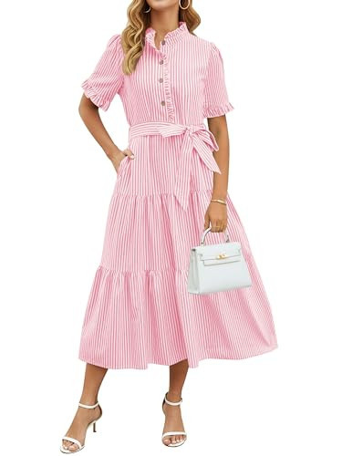 Womens Striped Summer Dress Elegant Ruffled Sleeve Button Down Tie Waist Maxi Shirt Dresses | Amazon (US)